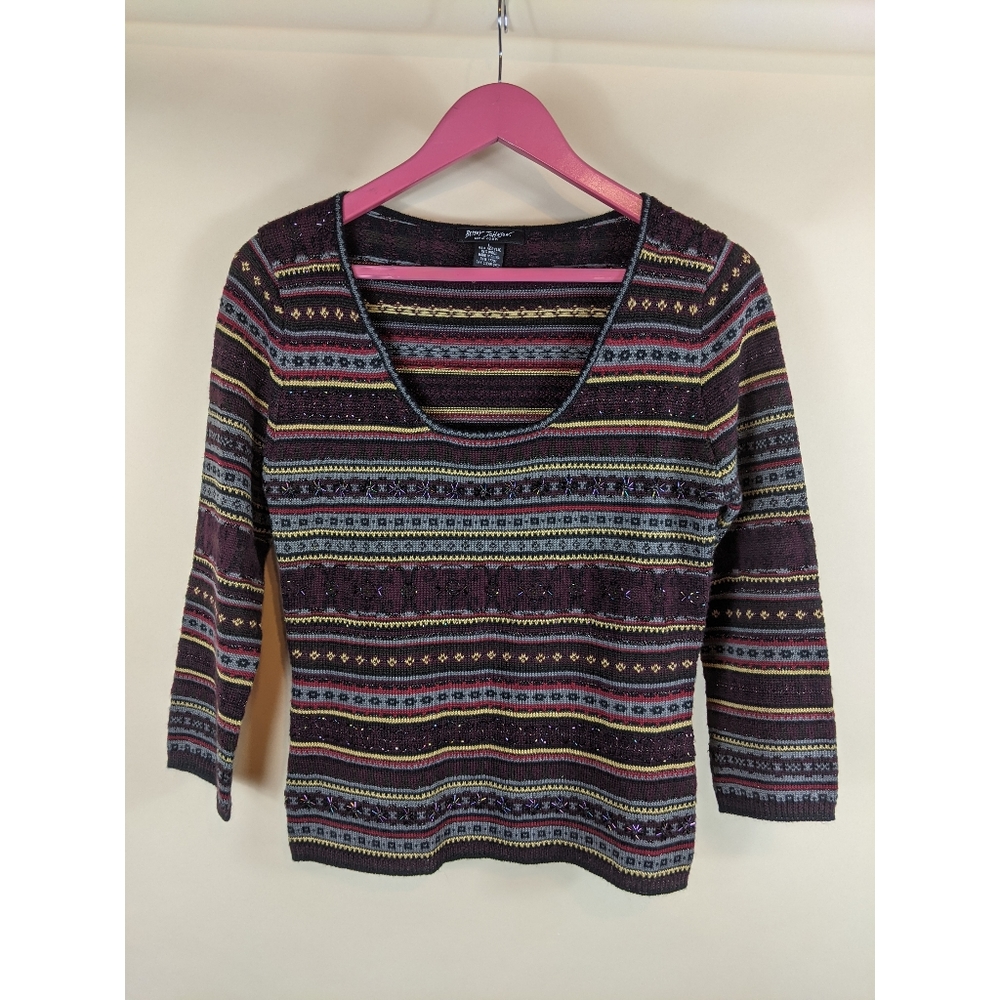 Vintage Betsey Johnson New York Striped Beaded Scoop Neck Sweater 90s Y2K